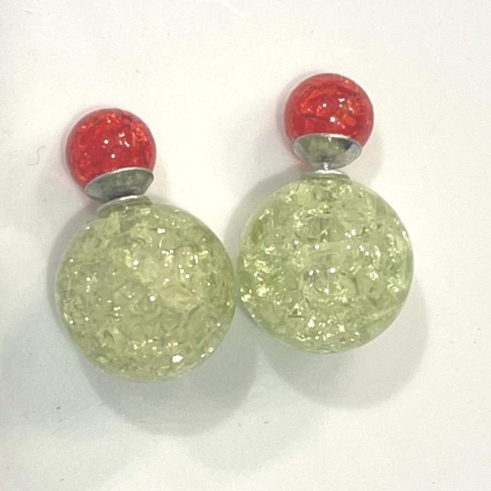 Red Lime Green Double Sided Stud Earrings Front Back Crackle Orb Sphere Jewelry